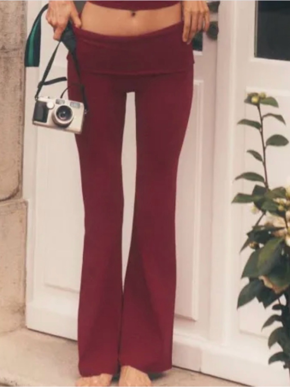 Alo Women's Fold-Over Waist Flare Pants — Burgundy